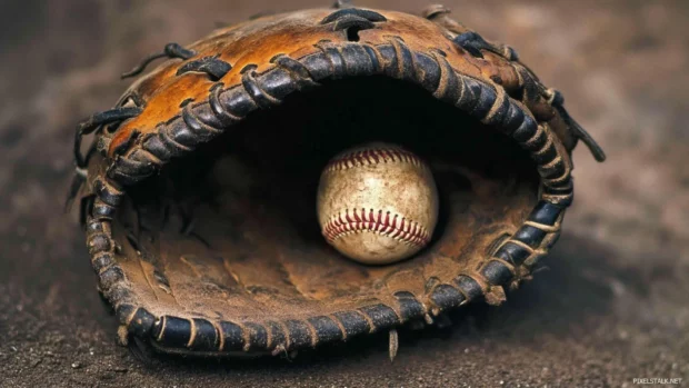 Baseball desktop wallpaper HD with close up of glove catching ball.