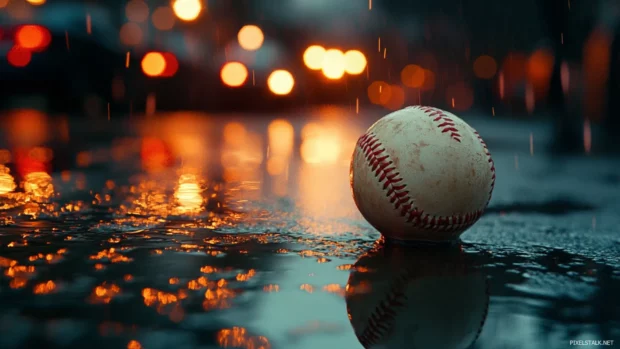 Baseball dropped on wet concrete reflecting stadium lights.
