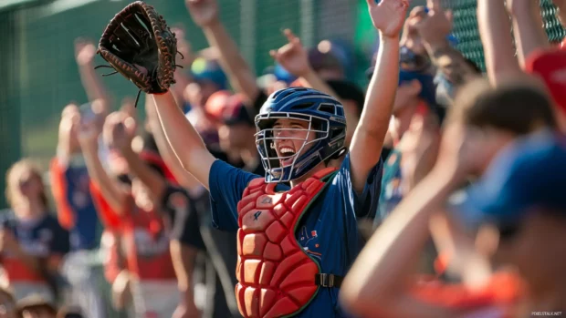 Baseball fans cheering behind the catchers view.