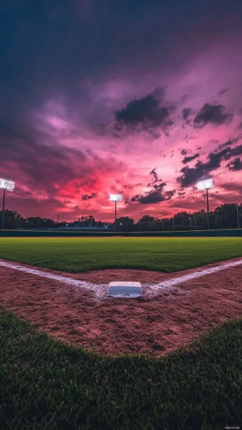 Baseball field at dusk wallpaper for Android with glowing lights.