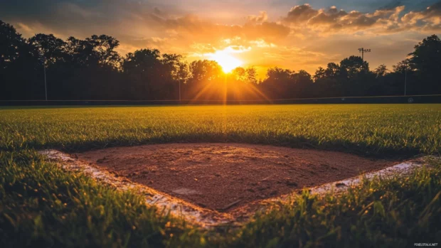 Baseball field captured in golden hour glow aesthetic baseball wallpaper.