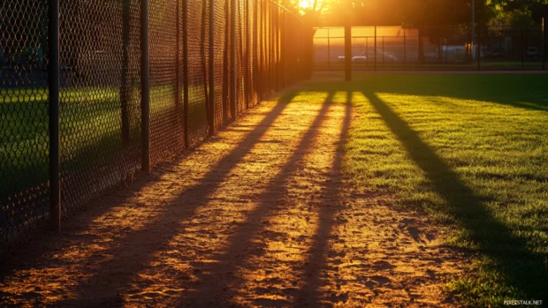 Baseball field gate casting long shadows at sunset.
