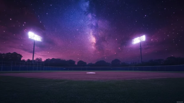 Baseball field under starry sky, lights glimmering across the stadium.