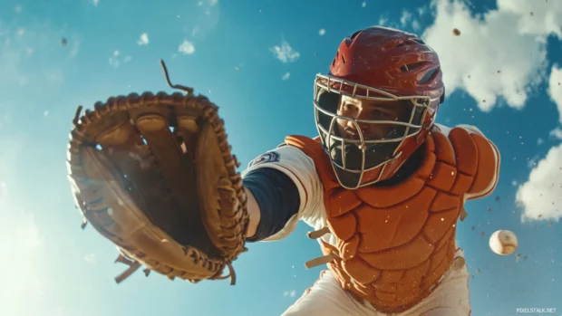 Baseball flying into the catchers mitt during a game.