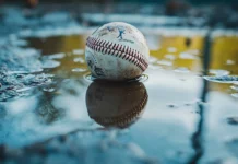 Baseball game reflected in a puddle after rain.