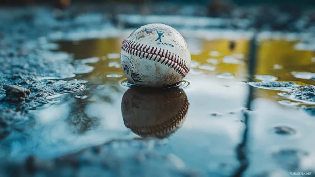Baseball game reflected in a puddle after rain.