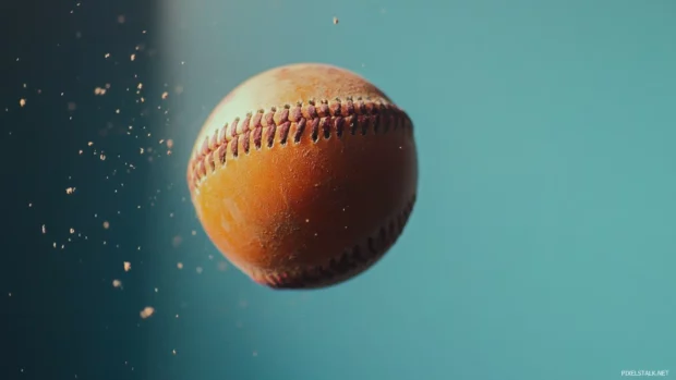 Baseball gently spinning in slow motion in air.