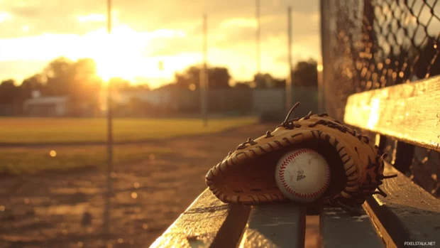 Baseball glove and ball on dugout bench as the sun sets.