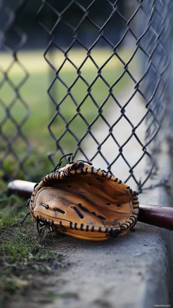 Baseball glove and bat leaning against a chain link fence, with the field in the background.