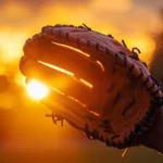 Baseball glove catching light from a vibrant sunset, Sunset baseball player wallpaper.