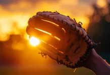 Baseball glove catching light from a vibrant sunset, Sunset baseball player wallpaper.