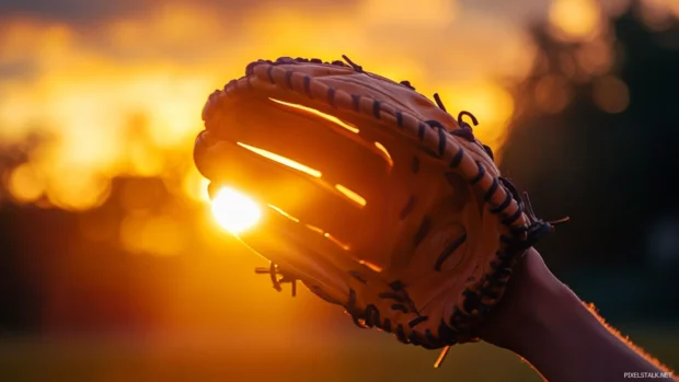 Baseball glove catching light from a vibrant sunset, Sunset baseball player wallpaper.