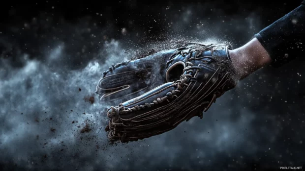 Baseball glove in motion mid air during a catch.