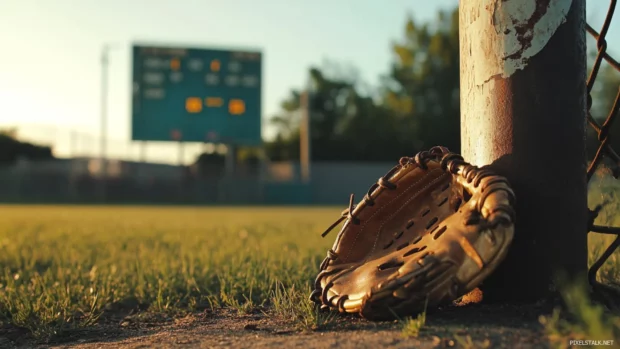 Baseball glove leaning against a scoreboard pole.