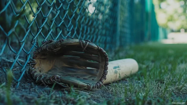 Baseball glove leaning against a wooden bat by the fence.