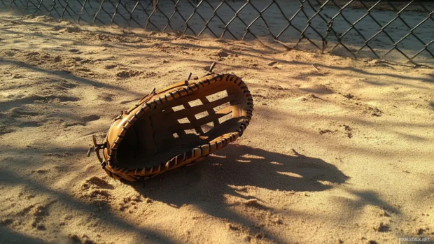 Baseball glove on a dusty infield with shadows from a chain link fence.