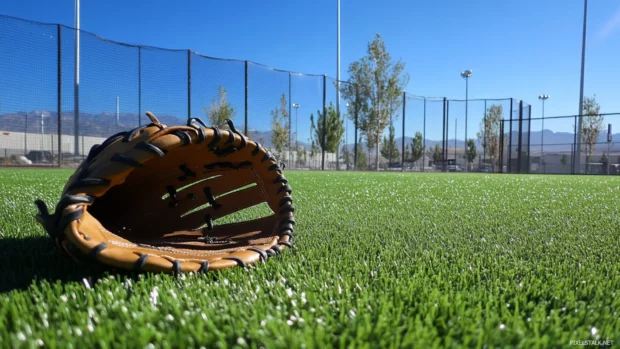 Baseball glove on artificial turf with a practice net in background.