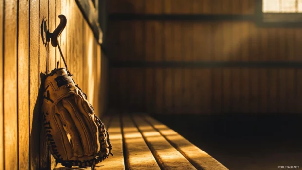 Baseball glove on dugout bench wallpaper, A soft lit locker room scene with a baseball glove hanging on a hook.
