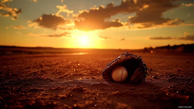 Baseball glove on infield dirt wallpaper, A glove and ball combo resting on the pitchers mound at sunset.