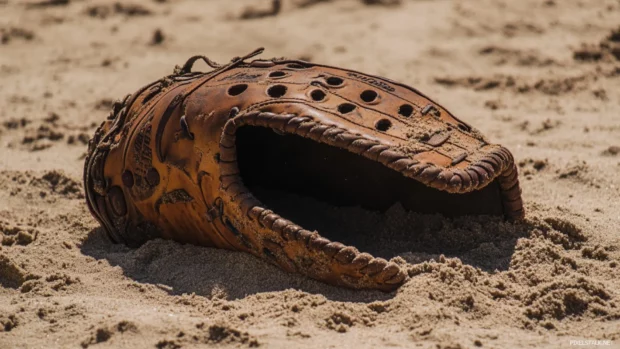 Baseball glove partially buried in the sand of a playing field.