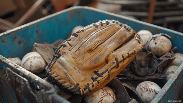 Baseball glove tossed into an open equipment bin.