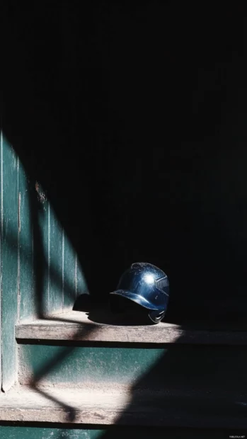 Baseball helmet resting on dugout step in shadows.