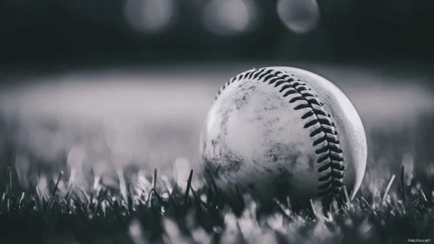 Baseball in shallow depth of field on grass in black and white.