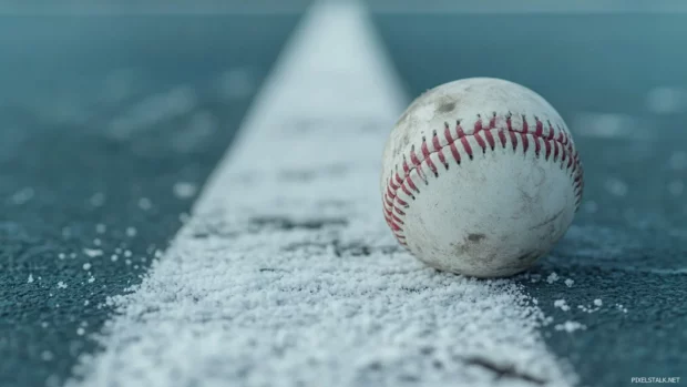 Baseball left behind on a chalked foul line.