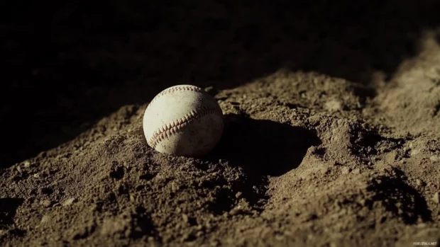 Baseball lying in a dirt mound with deep shadows.