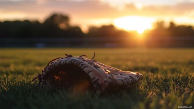 Baseball mitt left behind on the outfield line at dusk.