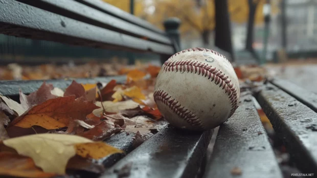 Baseball on a dusty bench surrounded by leaves.