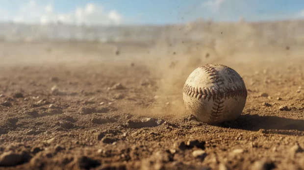 Baseball partially buried in the dusty infield.
