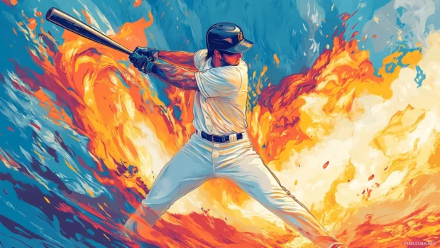 Baseball player mid swing, surrounded by swirling flames and energy, dynamic motion captured in an anime art style.