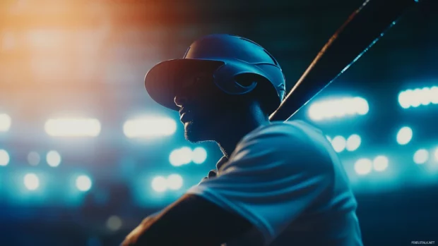 Baseball player ready at the plate under glowing stadium lights.