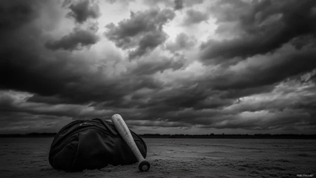 Baseball resting beside bat bag under moody sky in black and white.