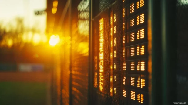 Baseball scoreboard aesthetic, cinematic shot of a baseball stadium during golden hour.