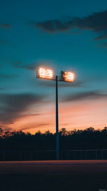 Baseball scoreboard lighting up under twilight sky.