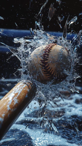 Baseball shattering a wooden bat upon impact, frozen in time with splinters flying.