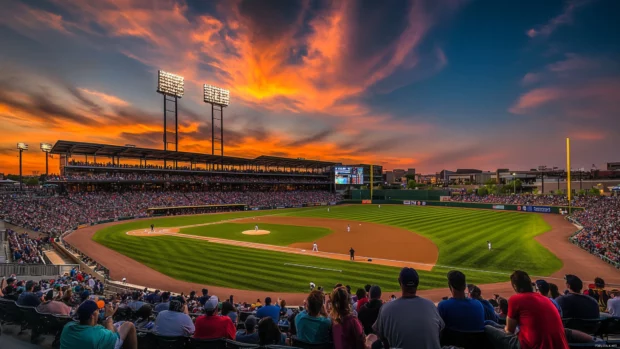 Baseball stadium filled with fans at sunset, glowing field under warm sky.