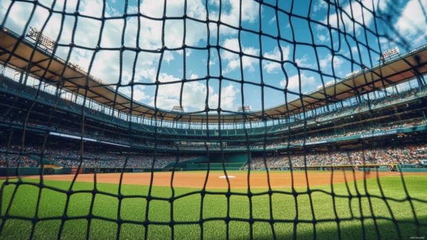 Baseball stadium seen through the net from batters box.