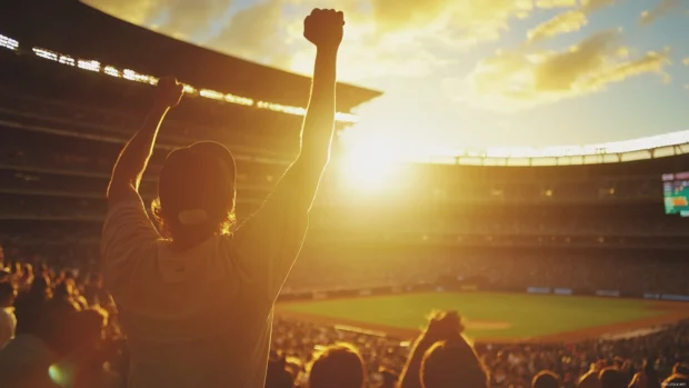 Baseball stadium under golden sunset light with packed audience and cheering atmosphere.