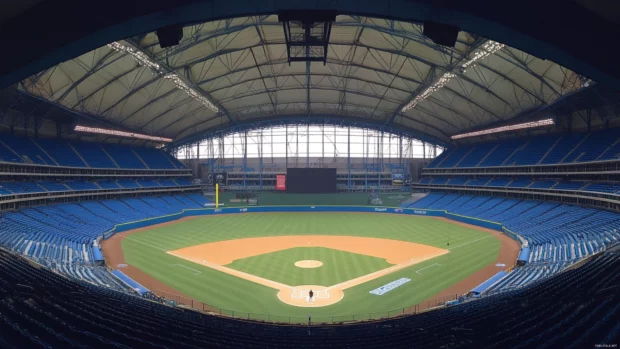 Baseball stadium viewed from upper deck with grand perspective.