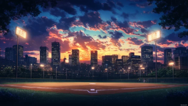 Baseball stadium wallpaper 4K with panoramic skyline and lit field.