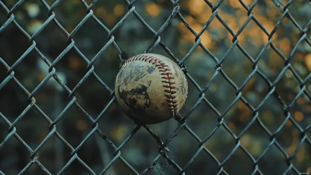 Baseball stuck in a worn out chain link fence.