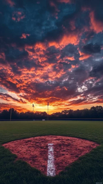 Baseball wallpaper for Android featuring a dramatic sunset in the outfield.