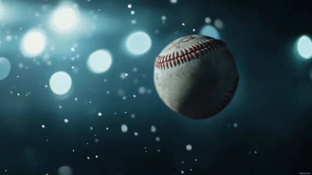 Baseball wallpaper for Macbook, A cinematic shot of a baseball mid flight under stadium lights.