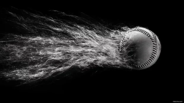 Baseball wallpaper in black and white, A black and white photograph of a baseball mid air with visible grain.