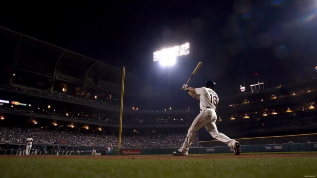 Baseball wallpaper showing MLB batter mid swing in a night stadium.