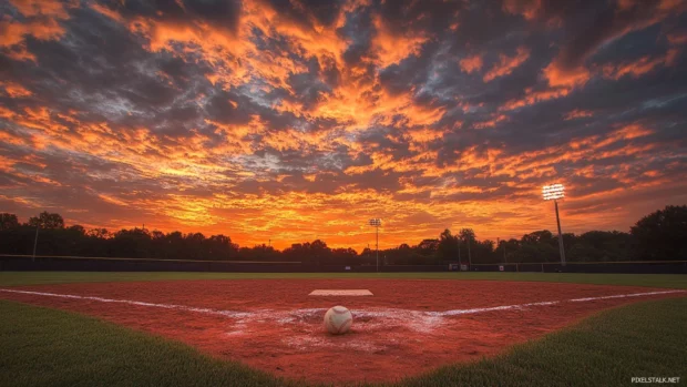 Baseball wallpaper with sunset HD, A baseball resting near home plate as the sky glows orange.