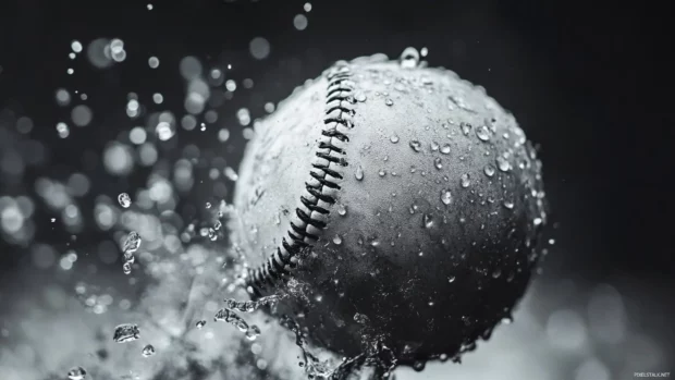 Baseball with water drops in dramatic monochrome.